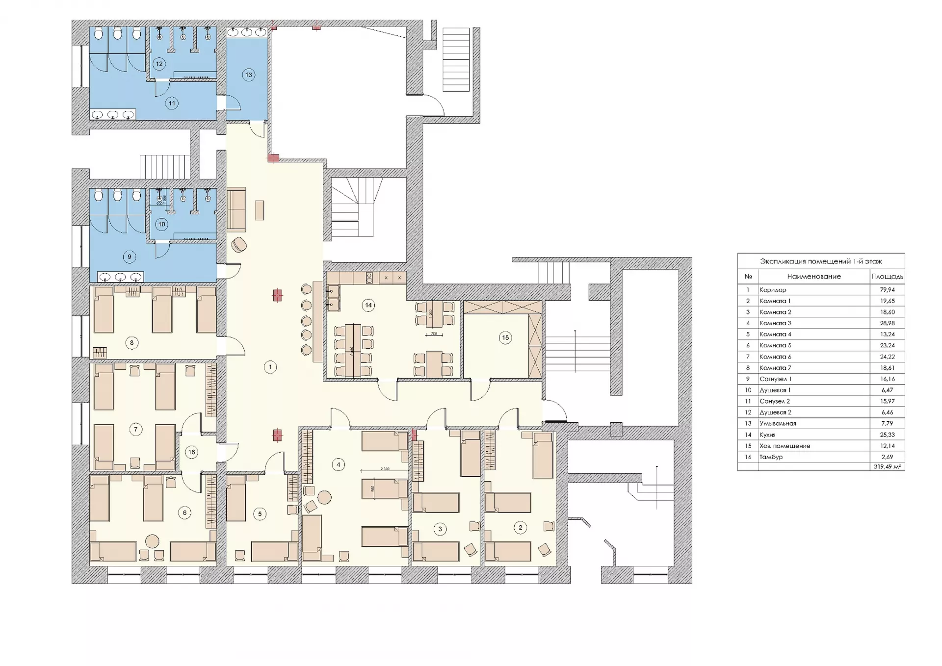 Interior design gostinitsy. Khostel and otdelnye nomera. 970 m²