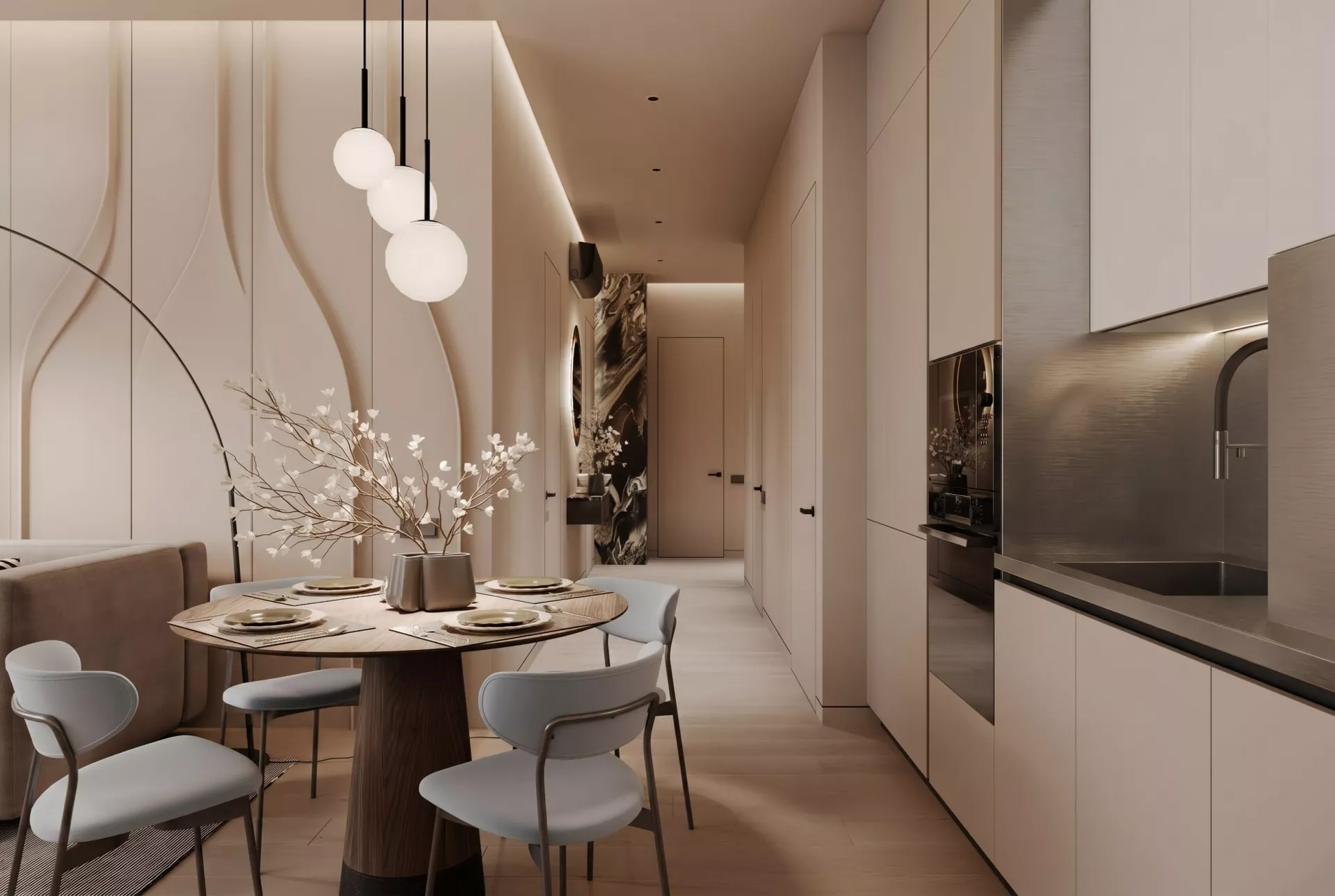 Apartment interior design 85 m² in RC Ostrov — Kitchen-living
