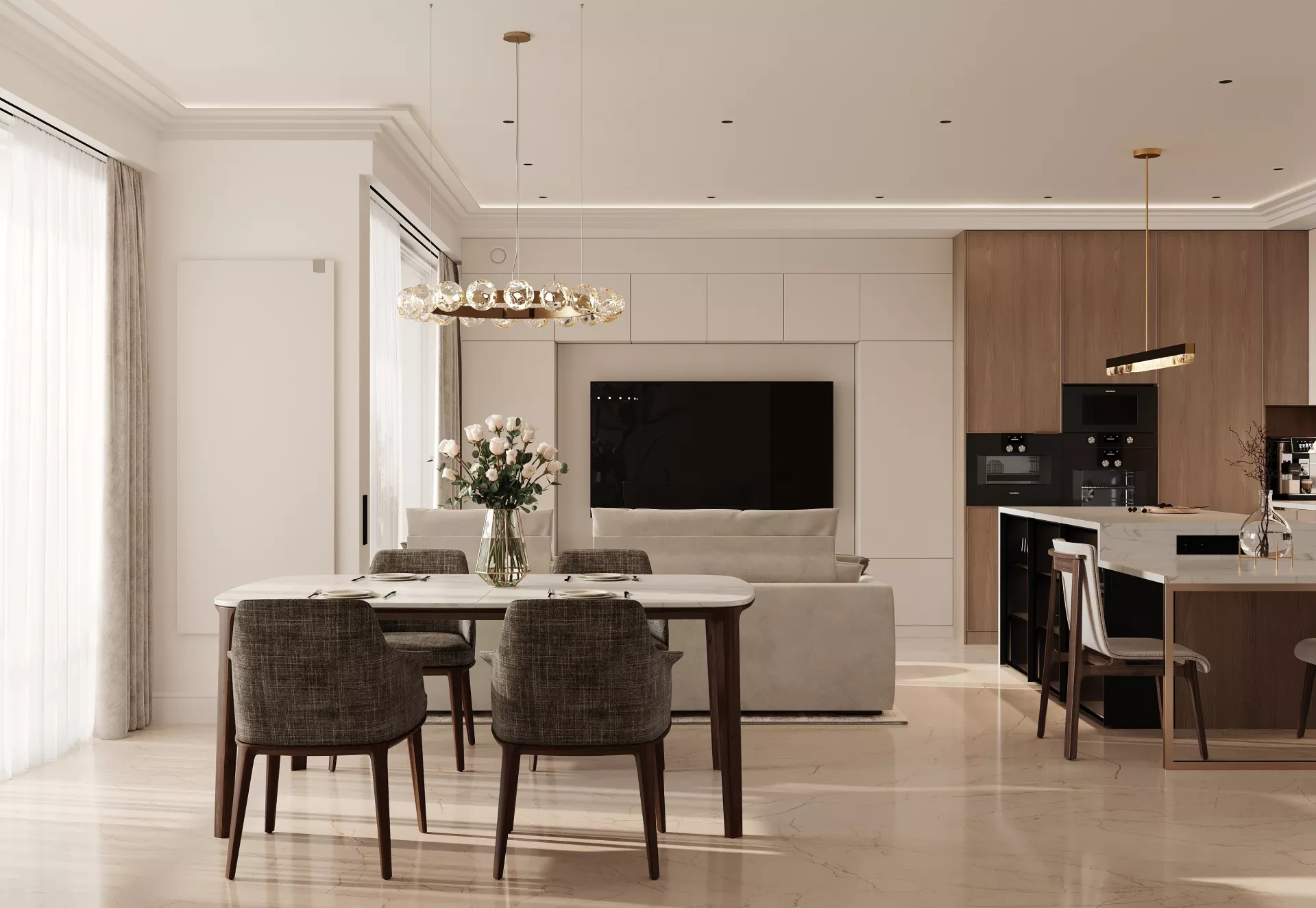 Apartment interior design 122 m² in Monaco — Kitchen-living