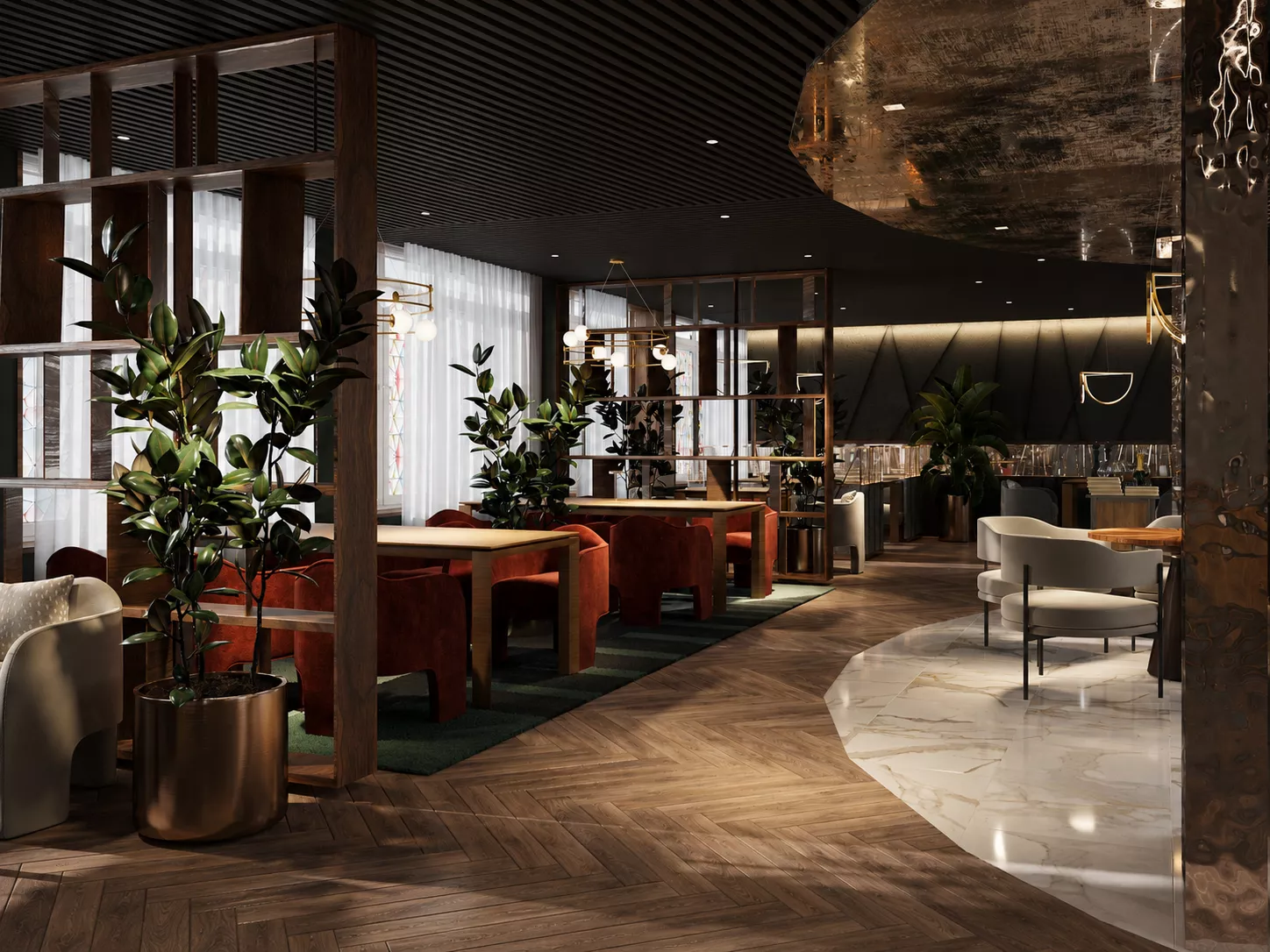 Restaurant interior design 317 m² in the Uralskiy Utes hotel & restaurant complex