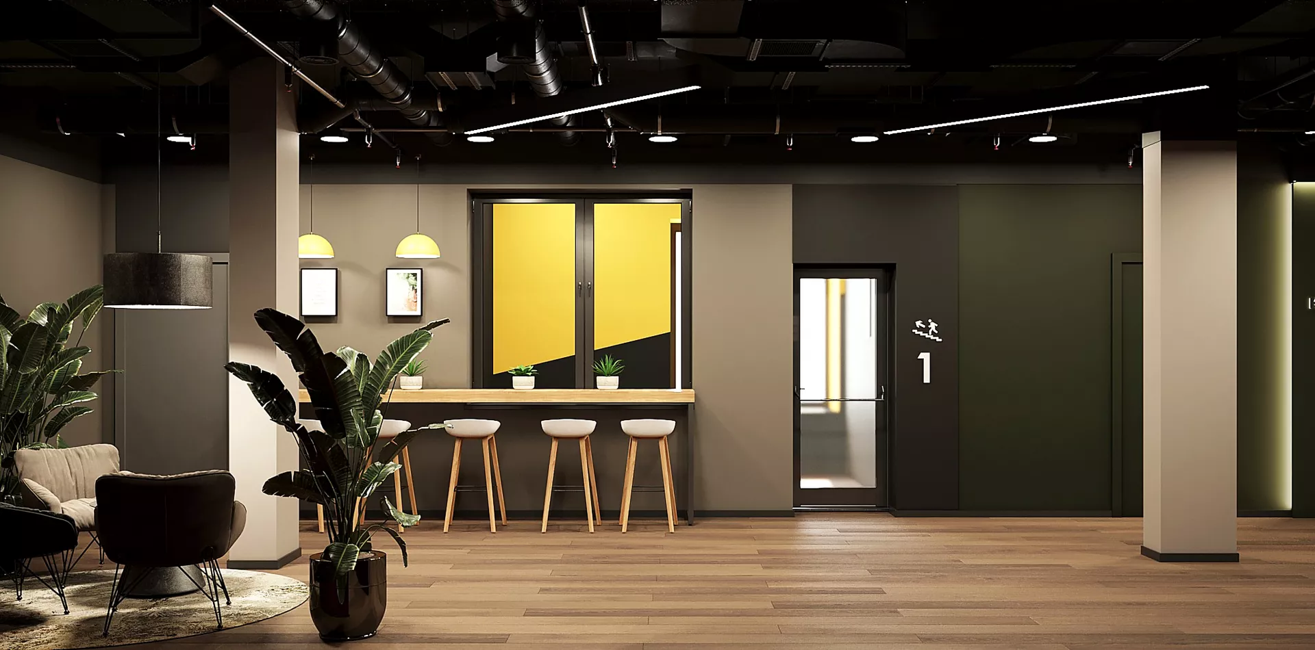 Interior design gostinitsy. Khostel and otdelnye nomera. 970 m² — Lounge