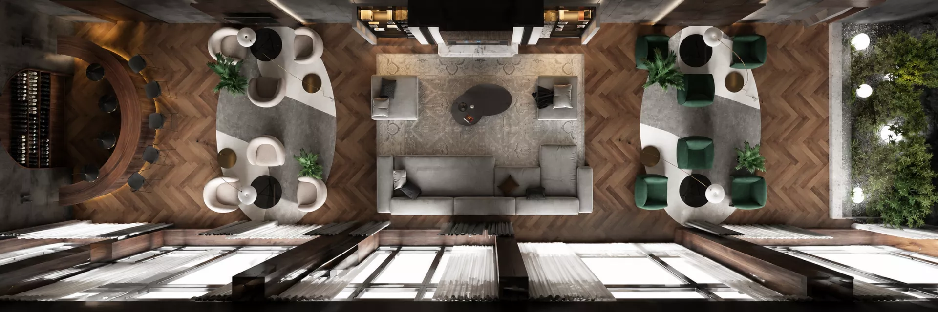 Bar interior design 130 m² in the Uralskiy Utes hotel & restaurant complex
