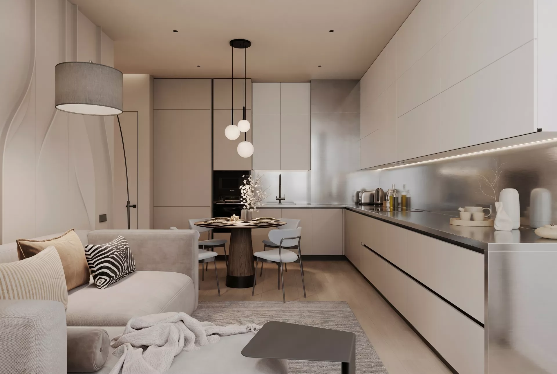 Apartment interior design 85 m² in RC Ostrov — Kitchen-living