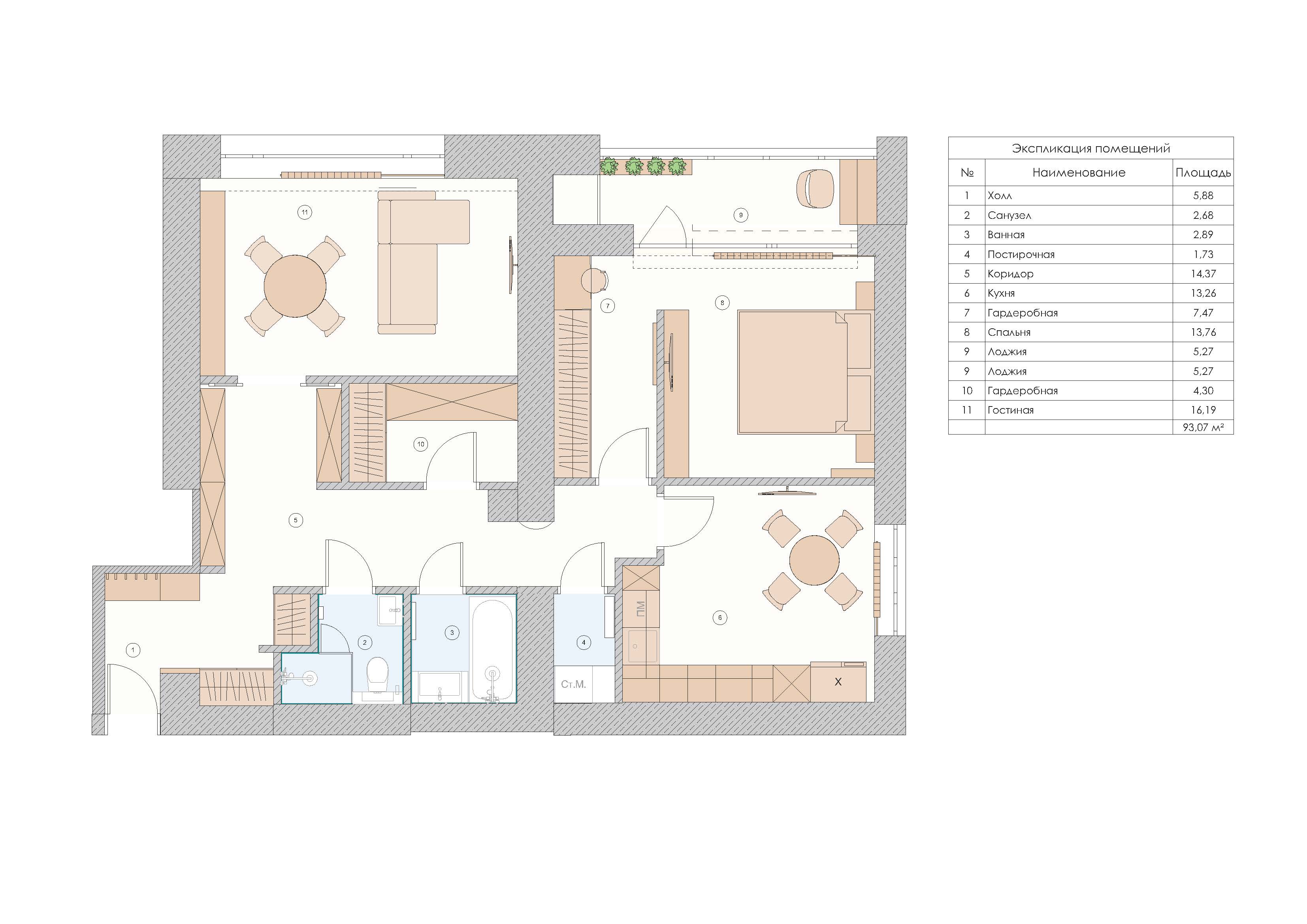Floor plan — Apartment interior design 90 m² on maloy Filevskoy