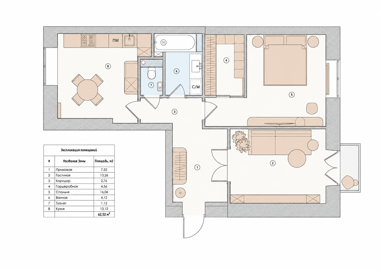 Floor plan — Apartment interior design in starom fonde 67m². Kutuzovskiy prospekt