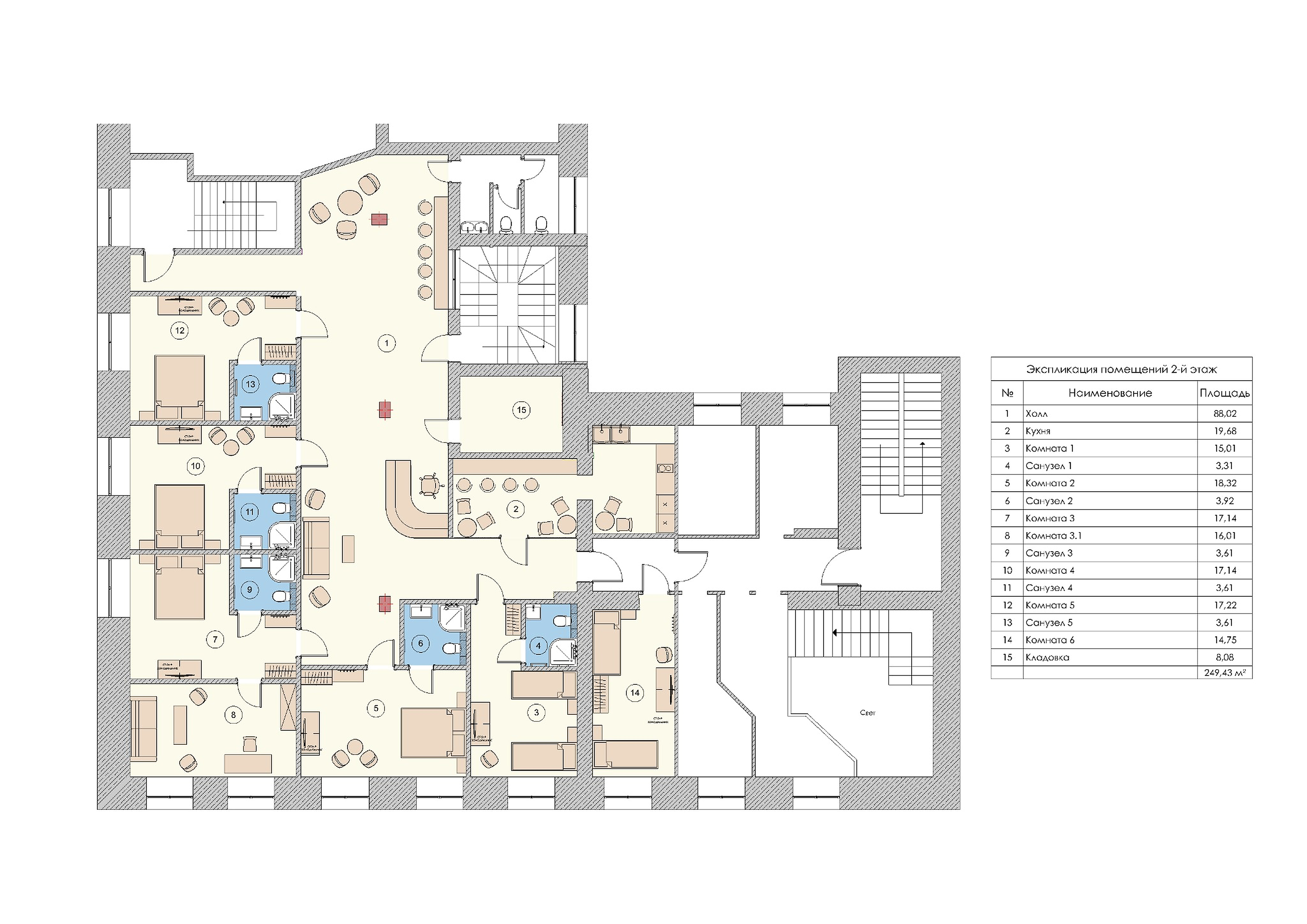 Floor plan 2 — Interior design gostinitsy. Khostel and otdelnye nomera. 970 m²