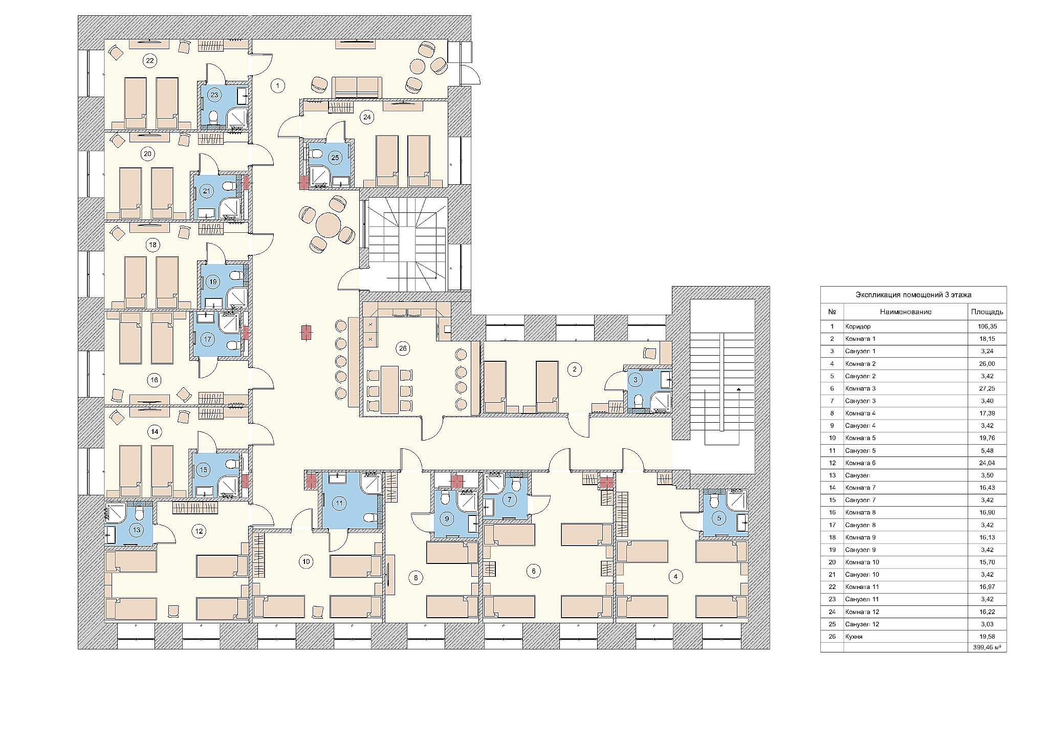 Floor plan 3 — Interior design gostinitsy. Khostel and otdelnye nomera. 970 m²